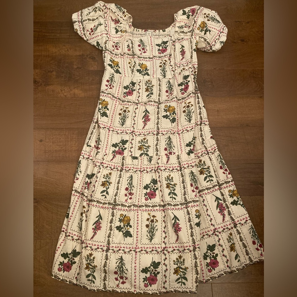 LEA Floral Tiered Maxi Dress Flower Seed Packet Smocked NWOT Puff Sleeve Plus 1X